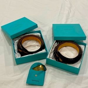 Tiffany & Co Calfskin Belts (2) Black and Brown Sz 36 w/ 925 Silver Belt Buckle